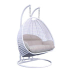 Sedia sospesa a dondolo a forma di uovo con supporto in metallo, telaio in vimini e cuscino – Beige / Blu antracite / Bianco / Blu / Bianco antico / Marrone / Tela, 2 posti